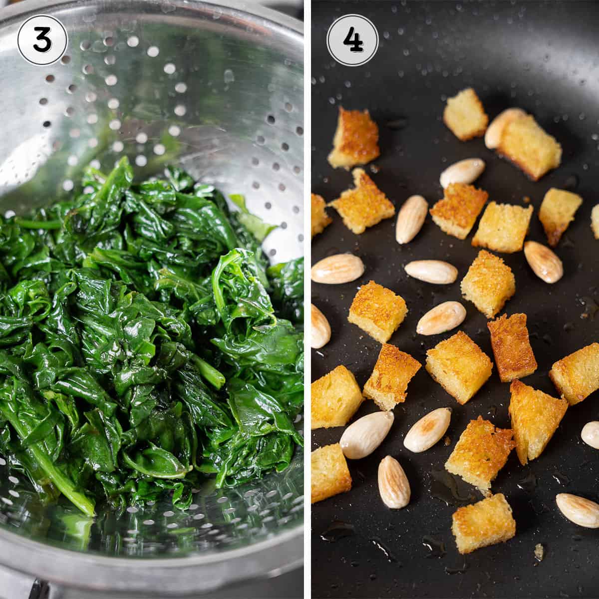 draining wilted spinach in a colander and toasting bread cubes and almonds in a skillet.
