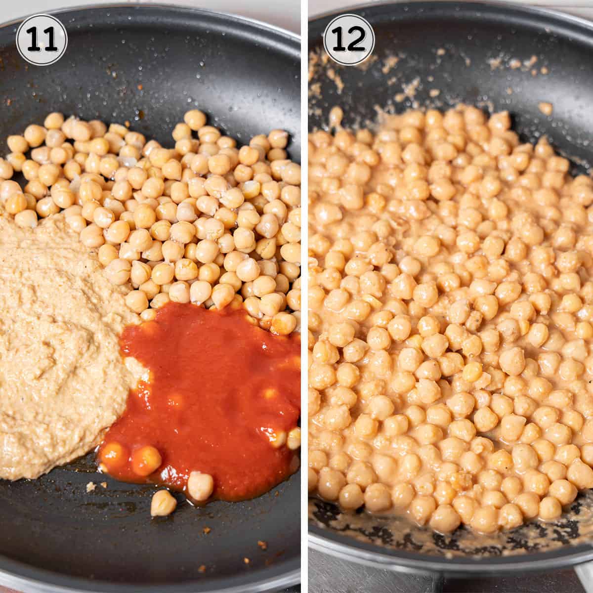 adding the bread puree and tomato puree to the pan of chickpeas.
