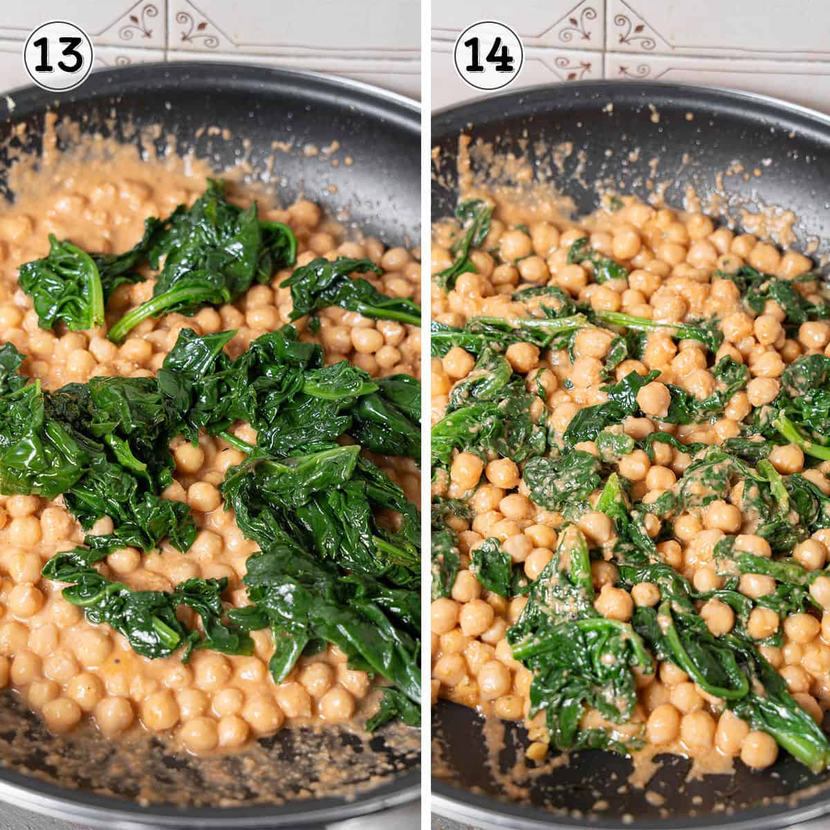 stirring the cooked spinach into the pan of garbanzos.