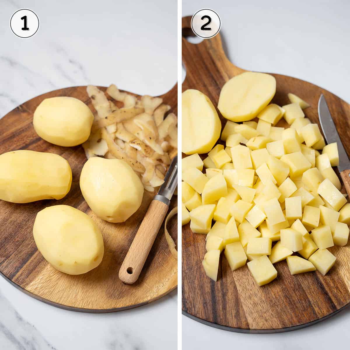 peeling and cubing potatoes on a round wooden board.