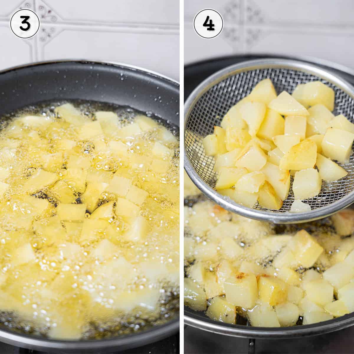 frying and draining cubed potatoes in hot oil.