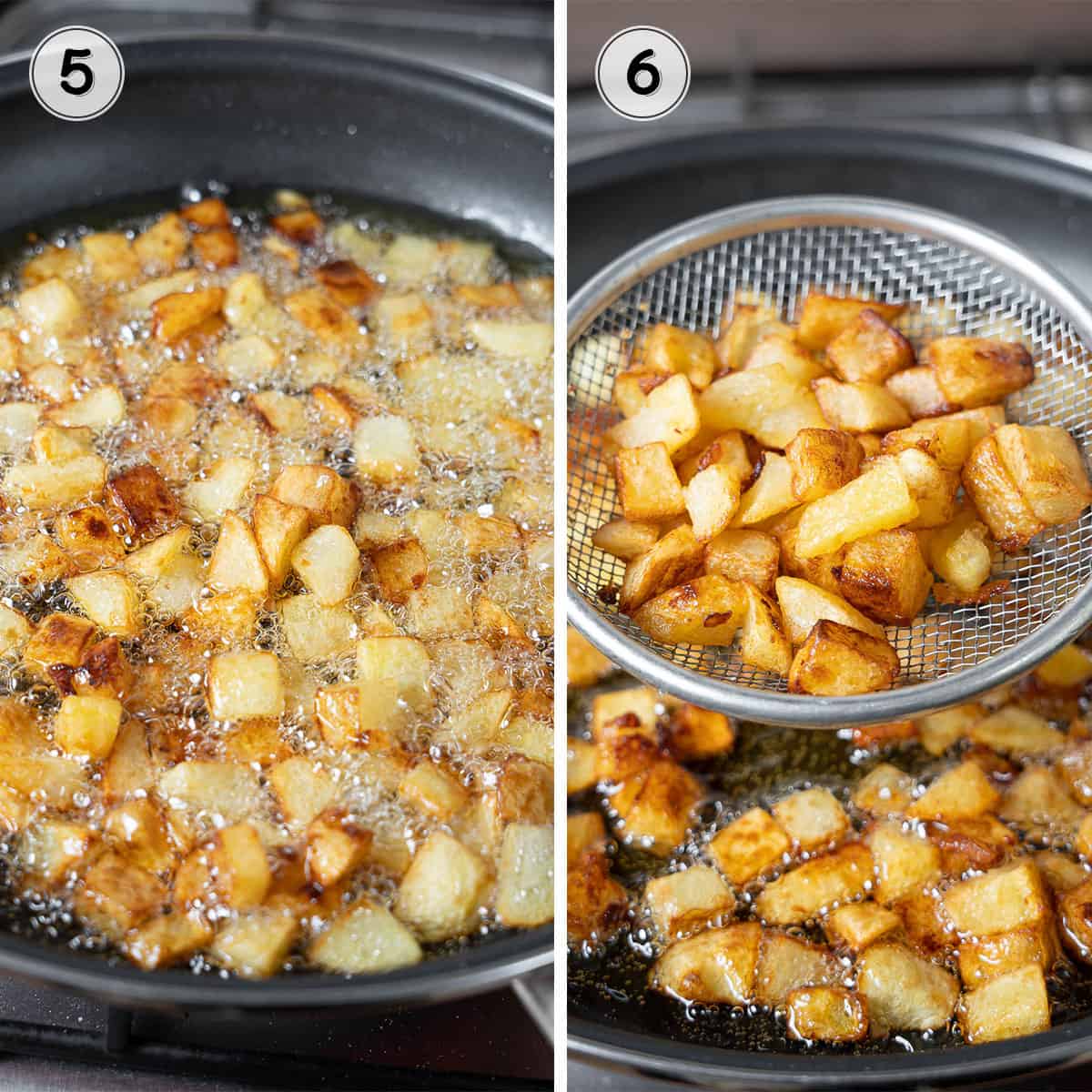 golden brown potato cubes being fried in hot oil and drained.