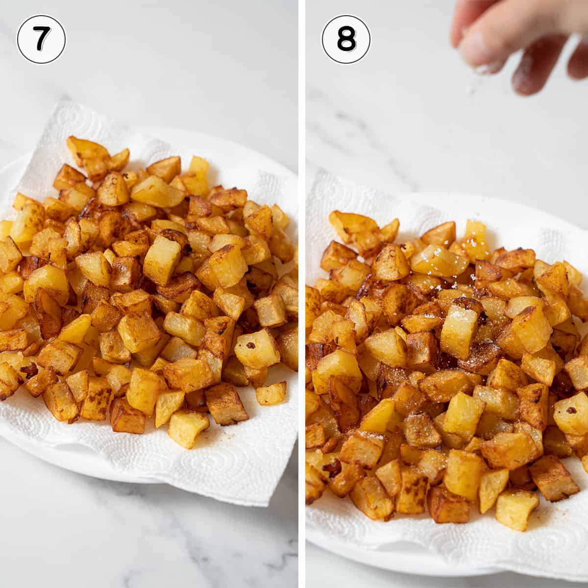 draining fried potato cubes on paper towel and sprinkling with salt.
