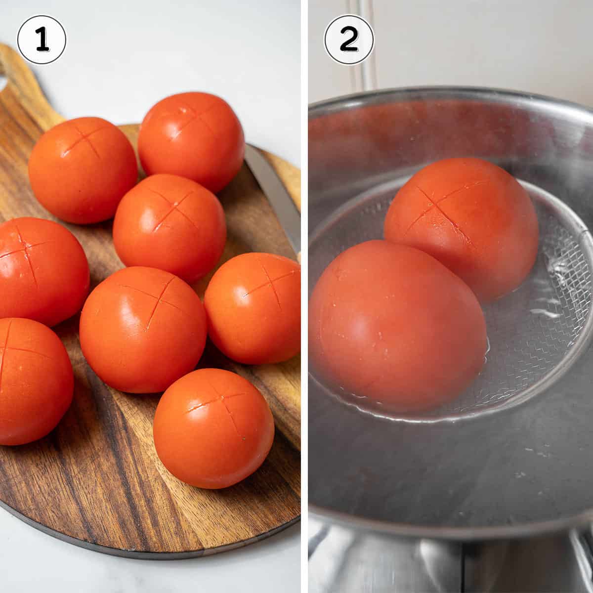 cutting an x on the skins of tomatoes and blanching them in boiling water.