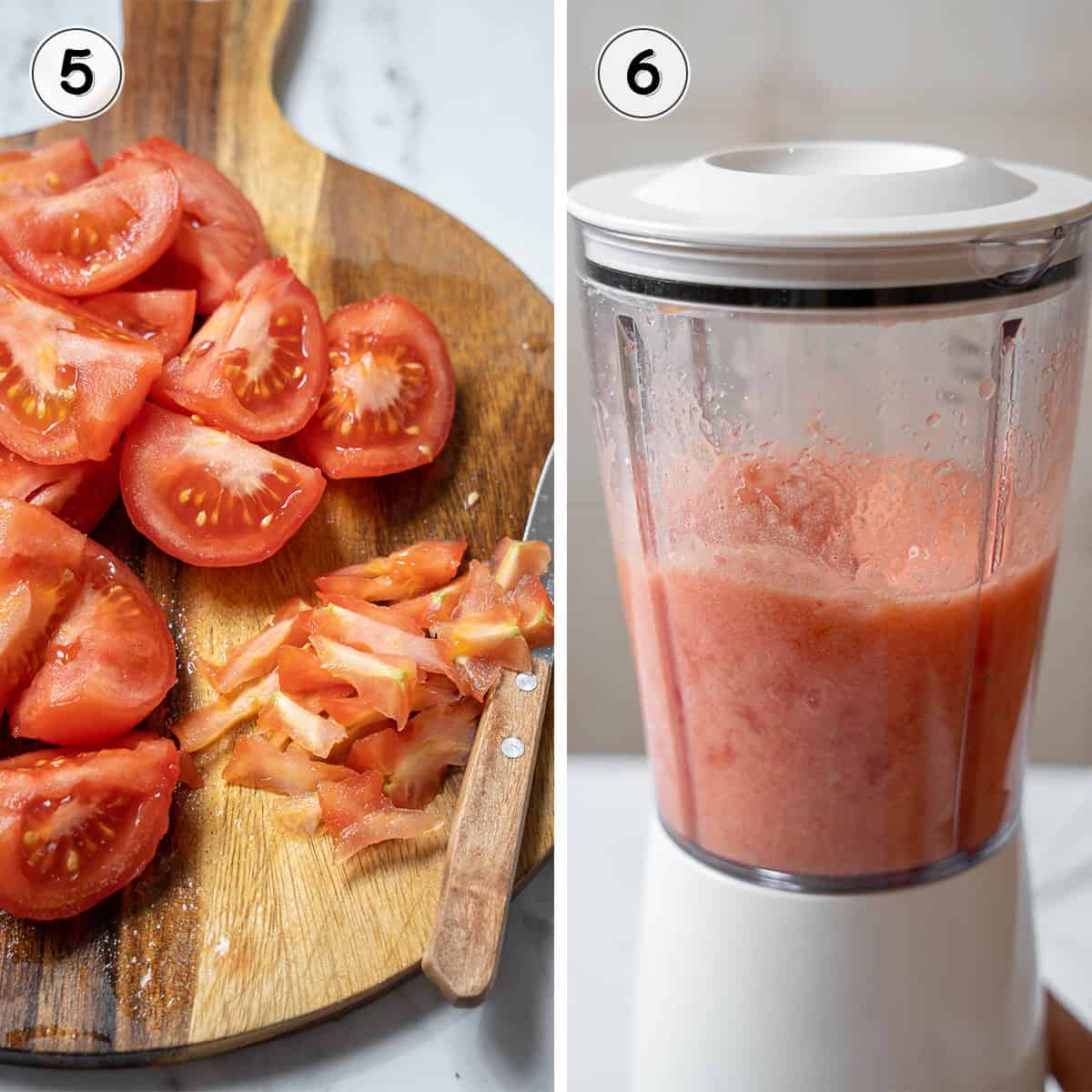 trimming and pureeing the tomatoes in a blender.