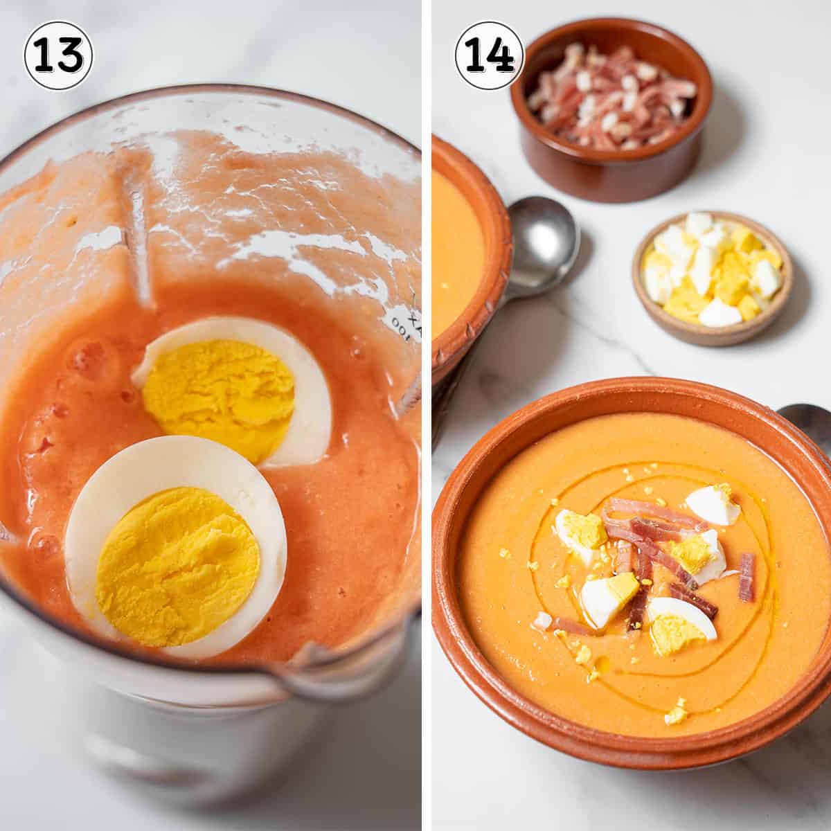 blending hard boiled egg into the salmorejo and serving in a bowl.