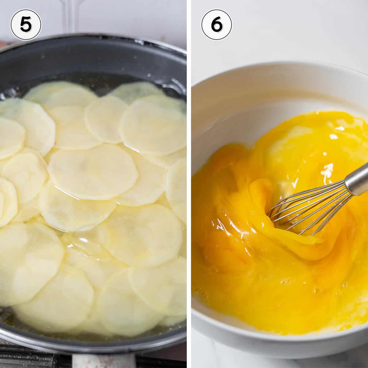 frying the potato slices in oil and whisking the egg.