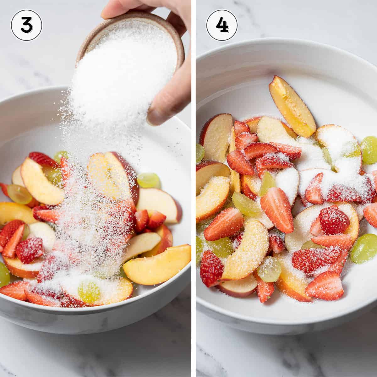 pouring sugar onto the sliced fruit.