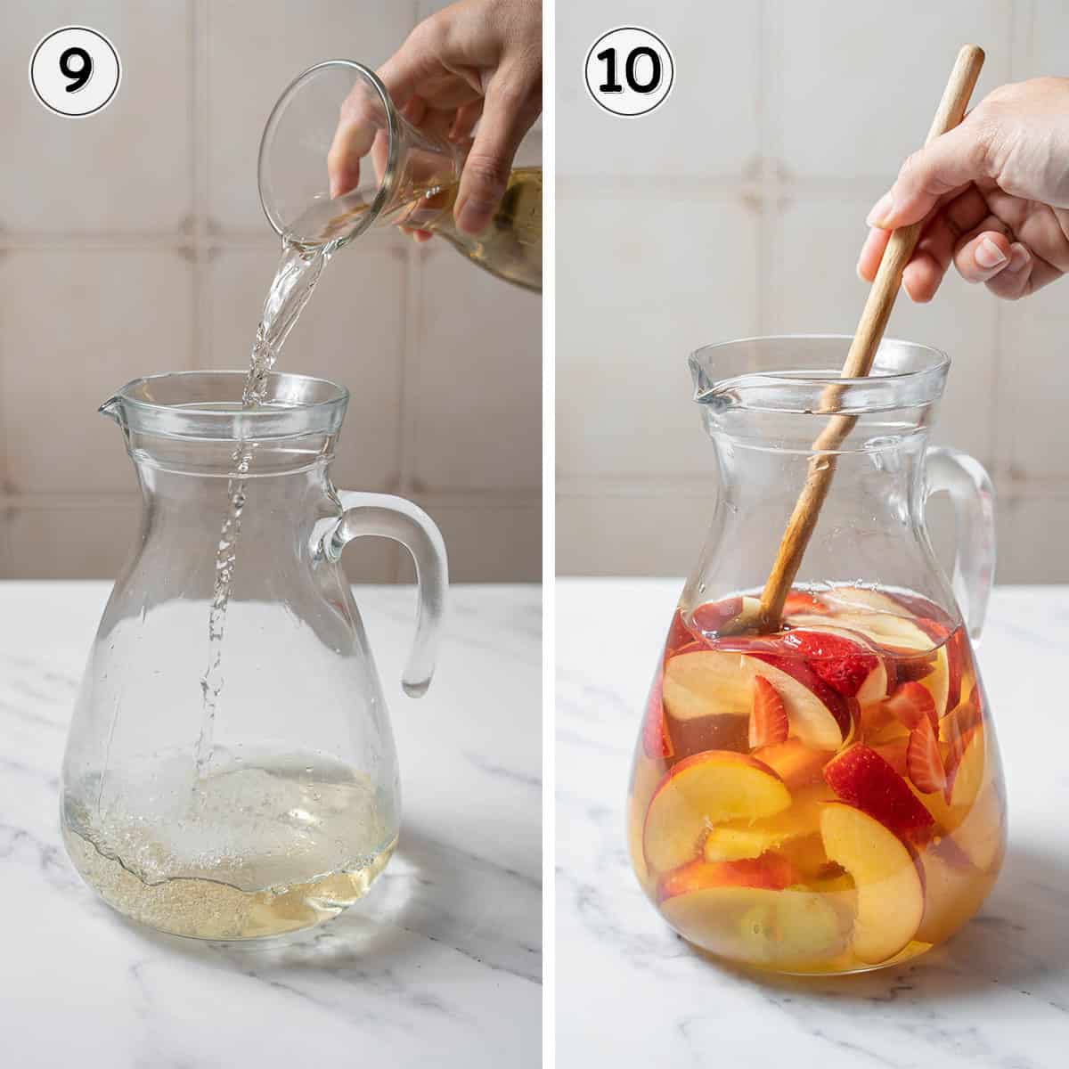 pouring the white wine into a glass pitcher and adding the fruit.
