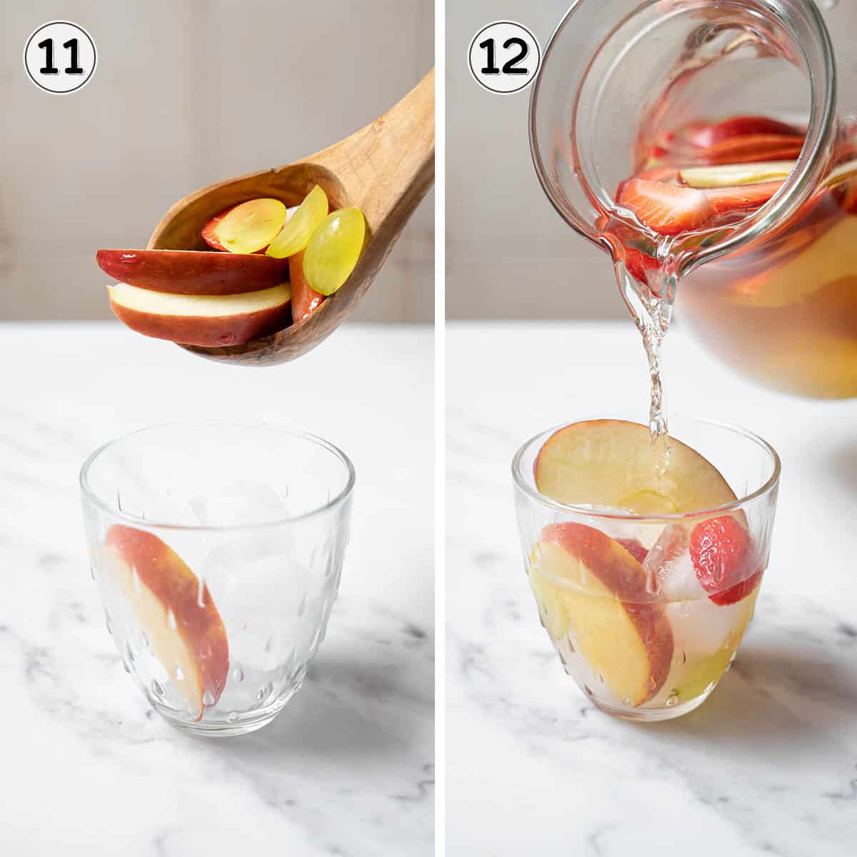 filling a glass with fruit and pouring the white sangria on top.
