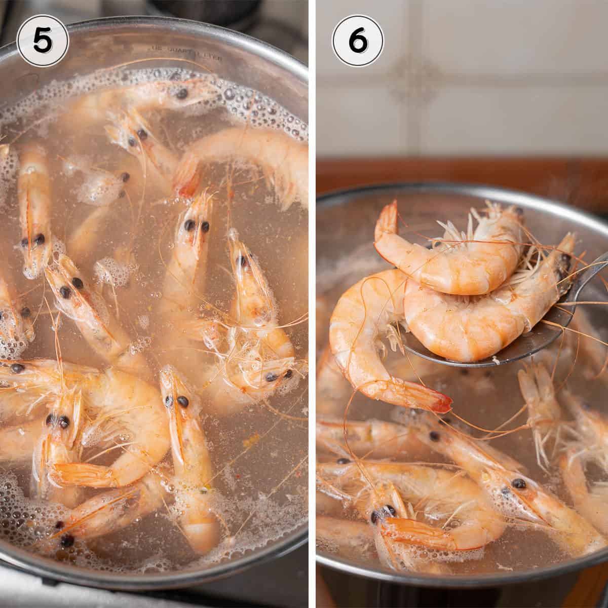 letting the shrimp float to the top and skimming them off with a slotted spoon.