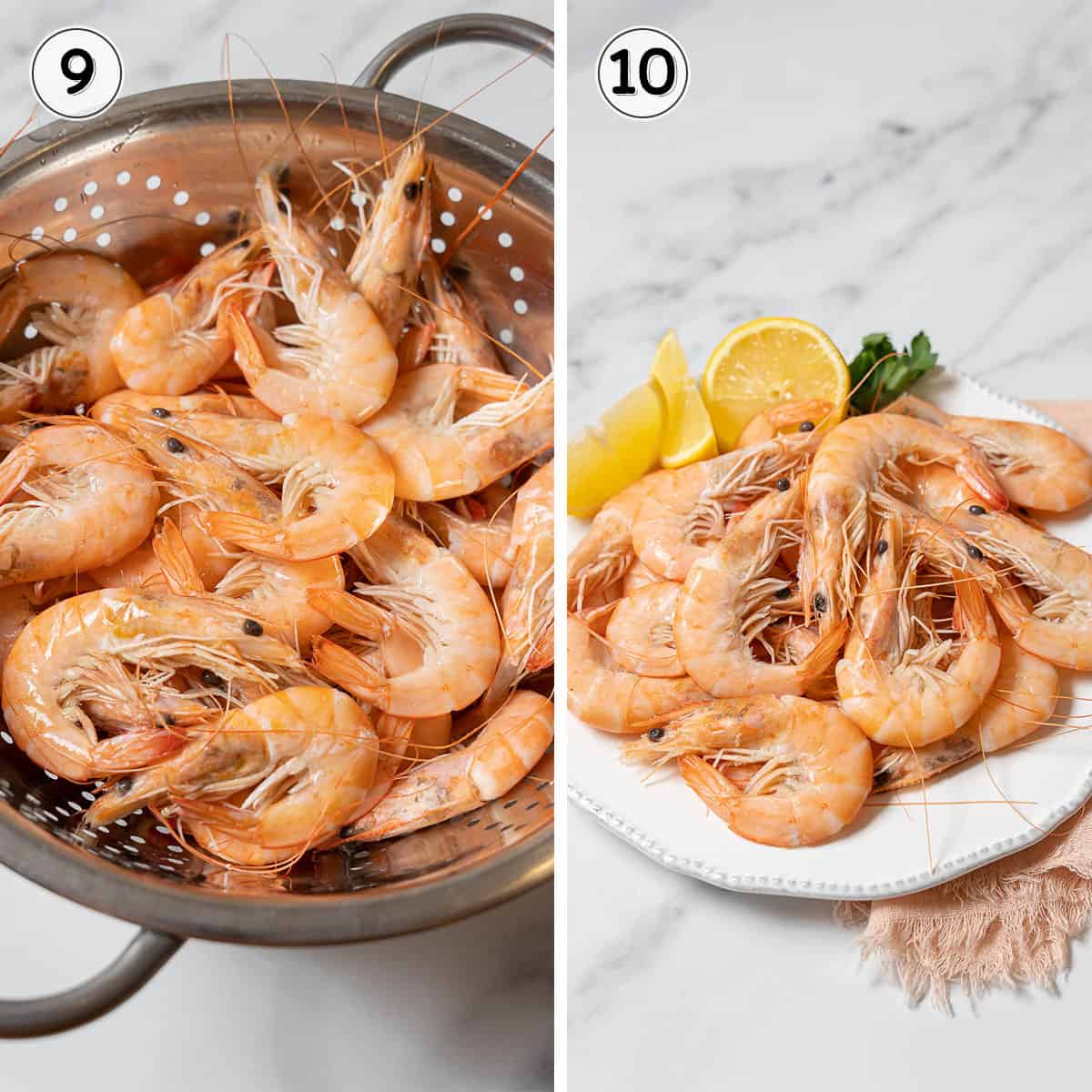 draining and serving the boiled shrimp on a white plate.