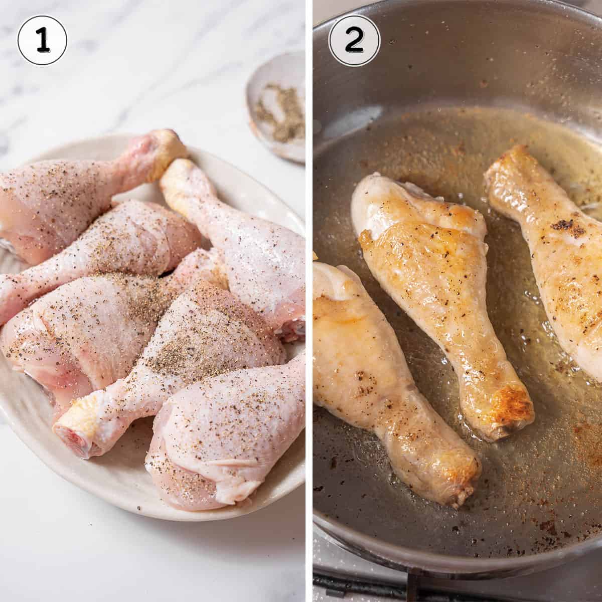 seasoning and browning chicken drumsticks.