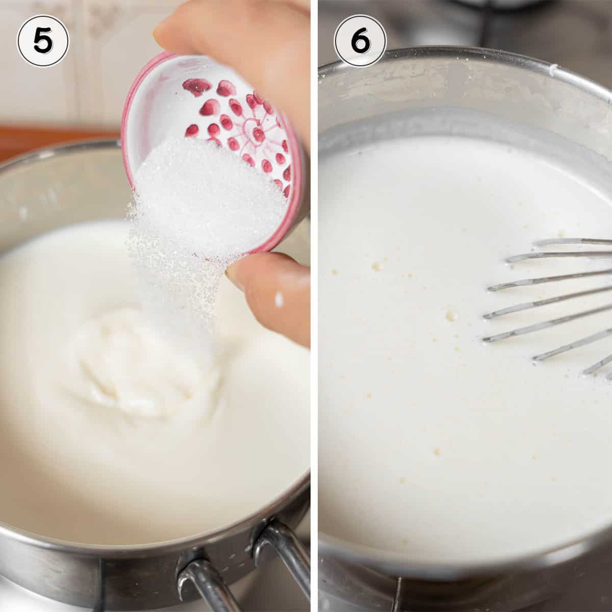 adding sugar to the milk and whisking.