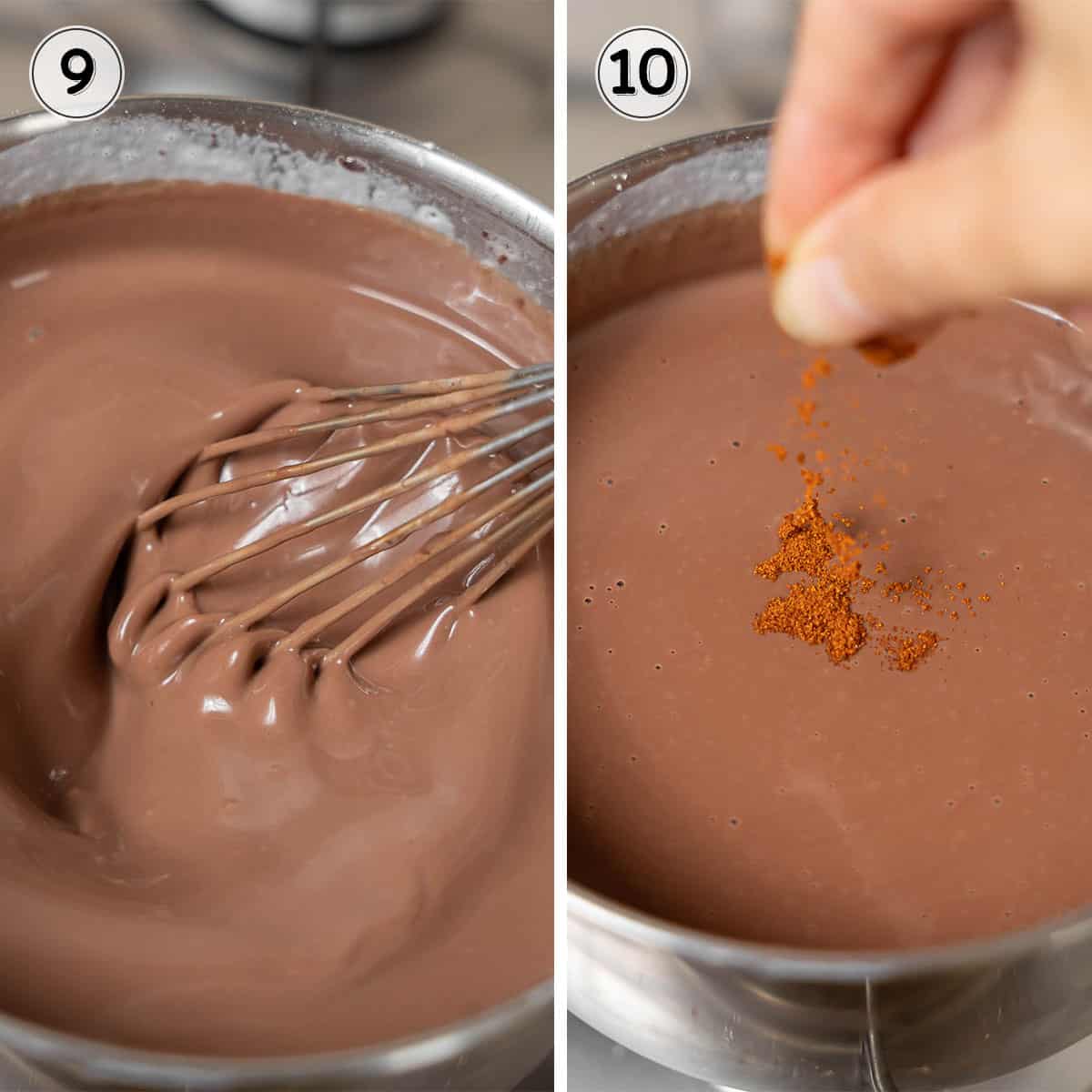 cooking the chocolate until thickened and adding a pinch of cayenne pepper.