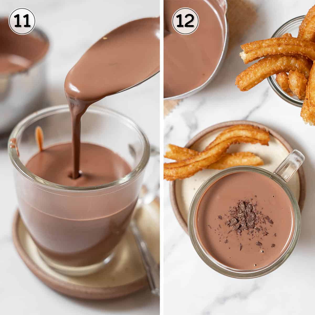spooning the chocolate into a cup and serving with churros.