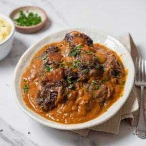 dish of rabo de toro with a fork.