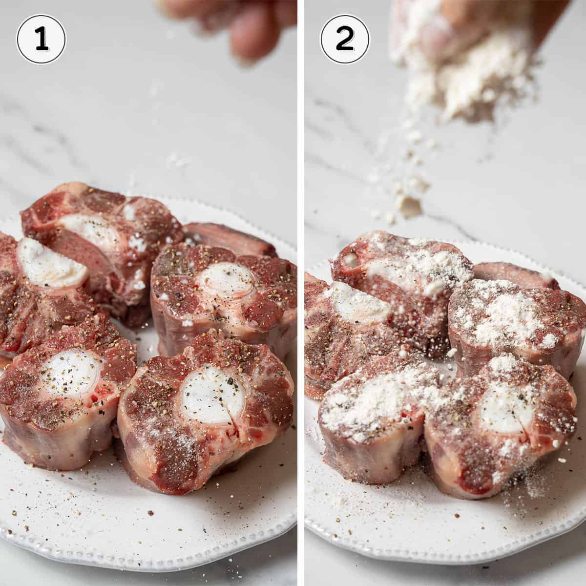seasoning the oxtails with salt and pepper and coating in flour.