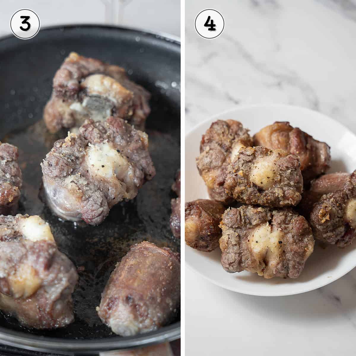 searing the oxtails in a frying pan and letting them rest.