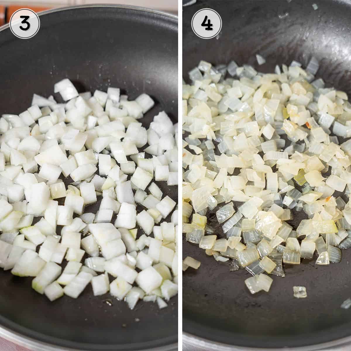 diced onions before and after sautéeing.