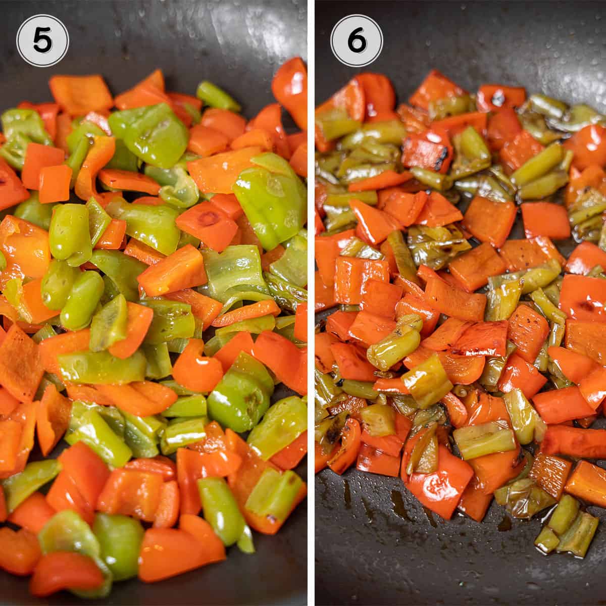 bell peppers before and after being sautéed.