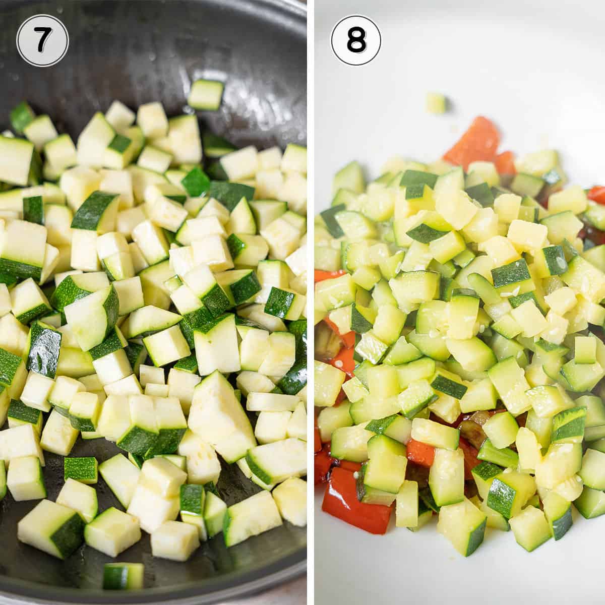 diced zucchini before and after it is cooked in a skillet.