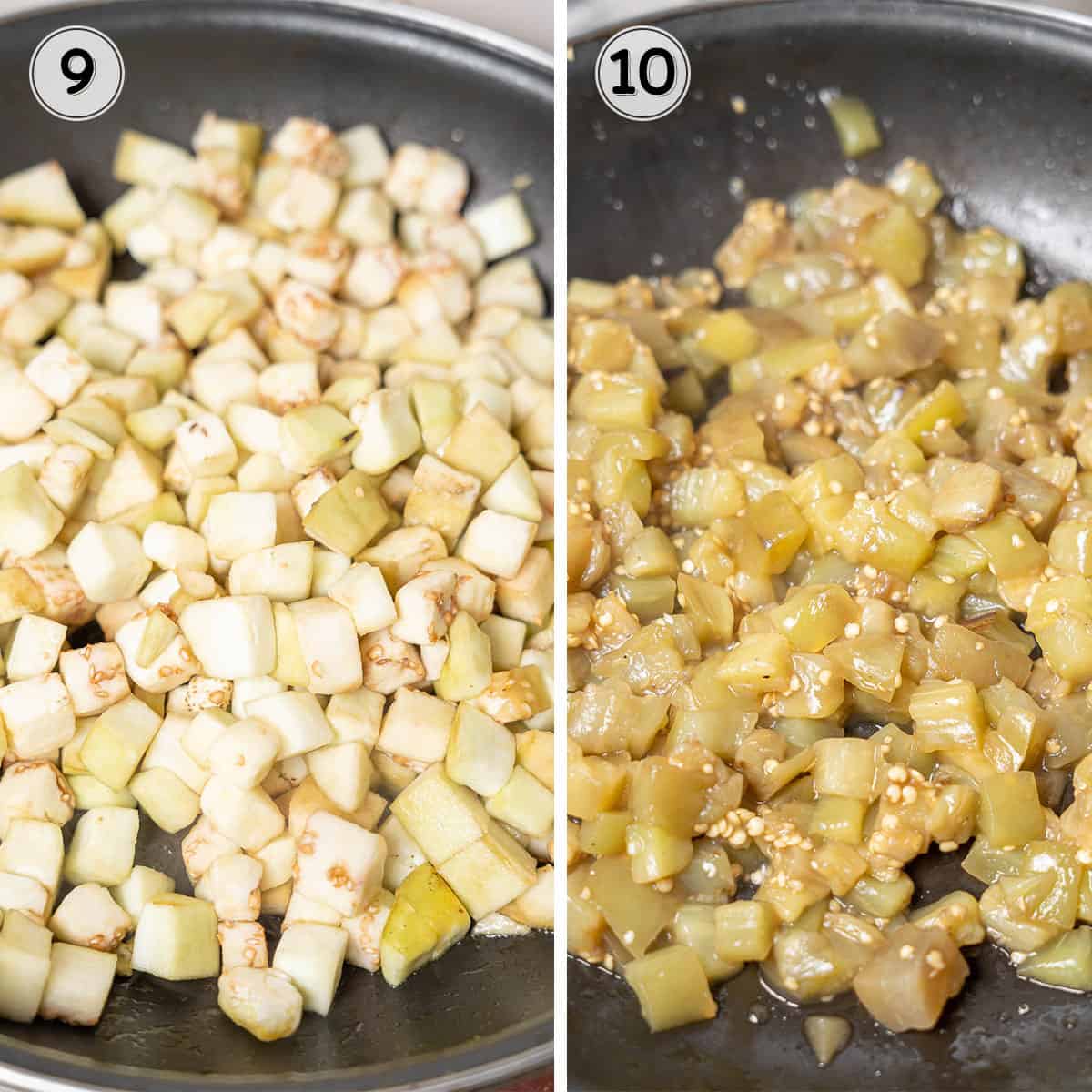 diced eggplant before and after it is cooked in a skillet.