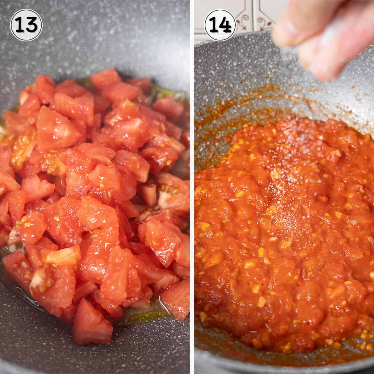 adding the tomatoes to the garlic and seasoning the mixture.