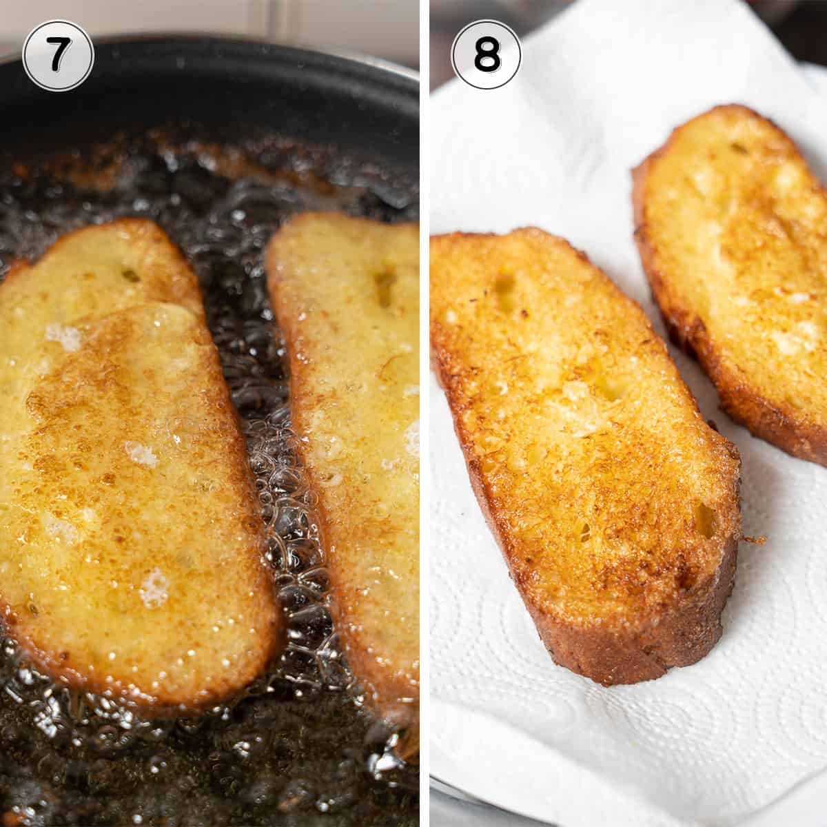 frying the bread in olive oil and draining it on paper towels.