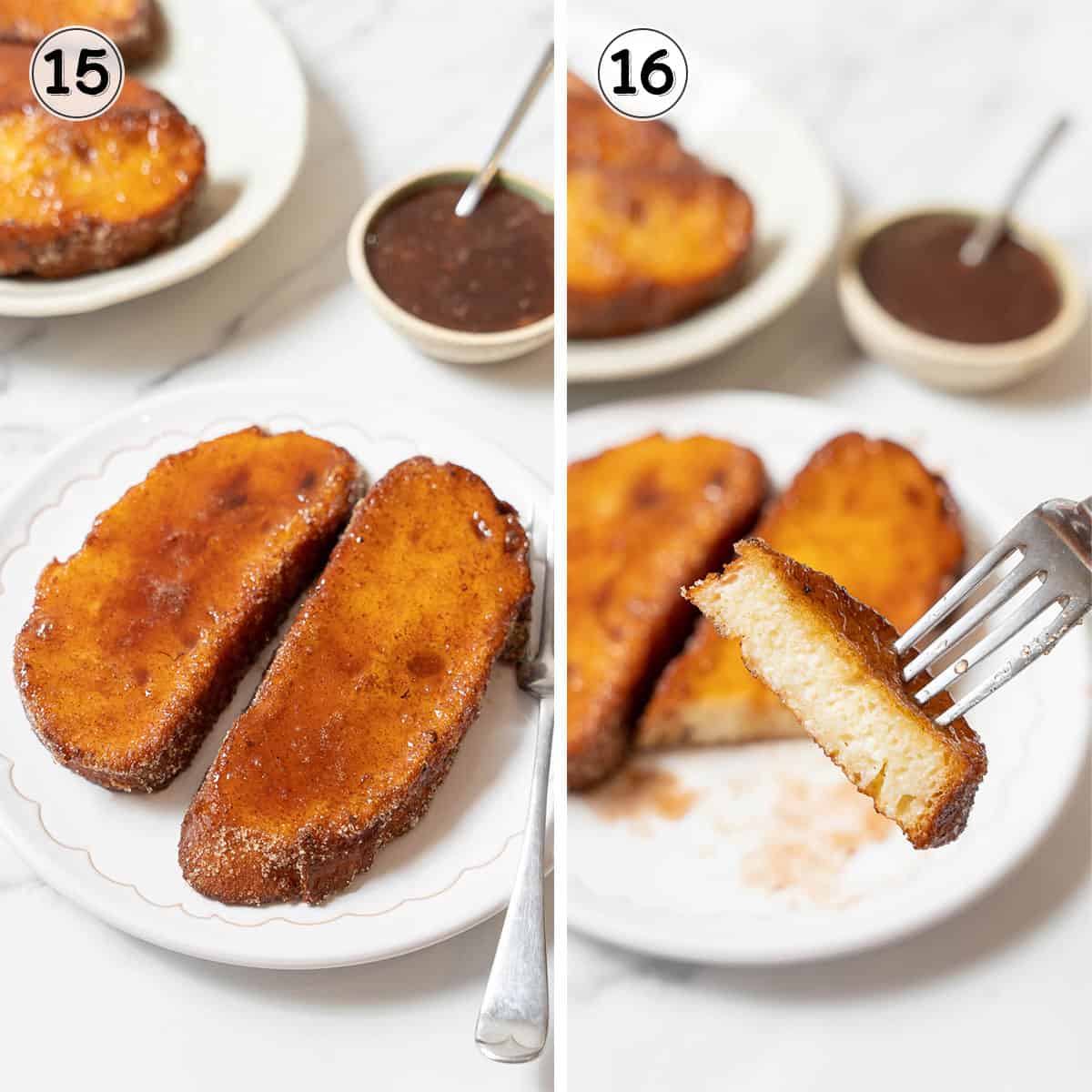 torrijas soaked in syrup and eating a bite with a fork.