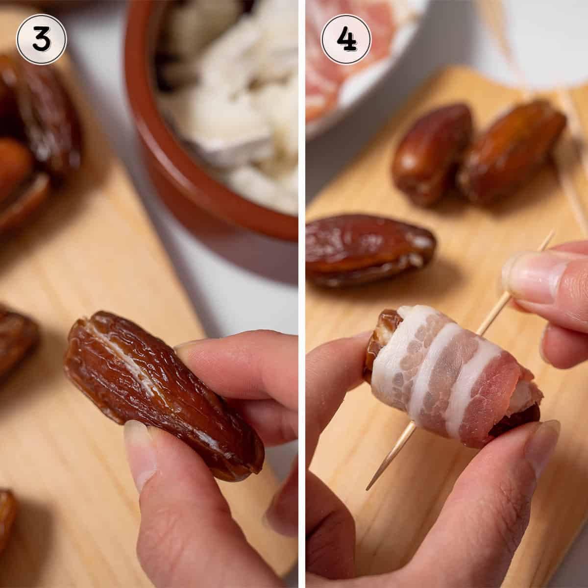 wrapping the stuffed dates with bacon and piercing with a toothpick.
