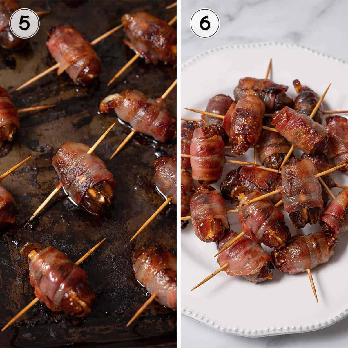 baked bacon wrapped dates on a tray and on a plate.