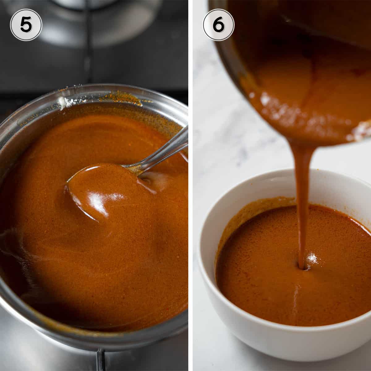 stirring bravas sauce in a pot and pouring it into a bowl.