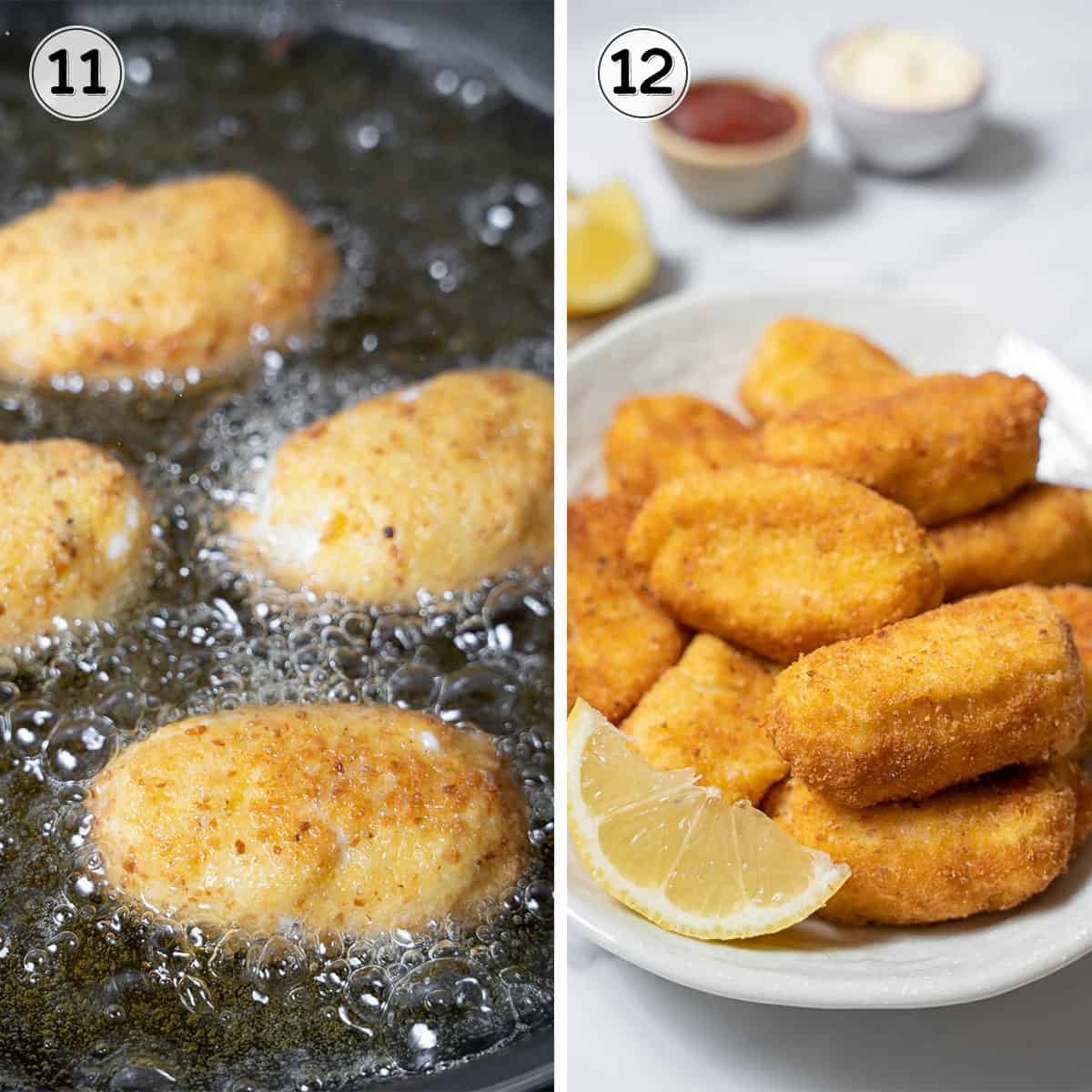 frying the cod croquettes in oil and serving with a lemon wedge.