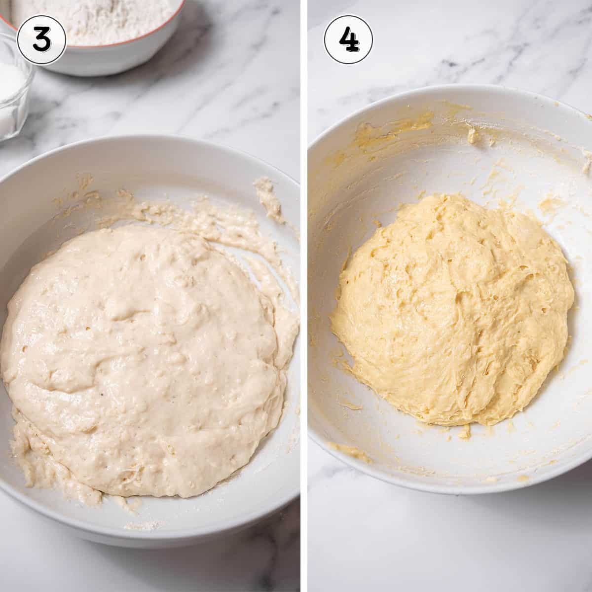 risen dough before and after adding the eggs, sugar, and flour.
