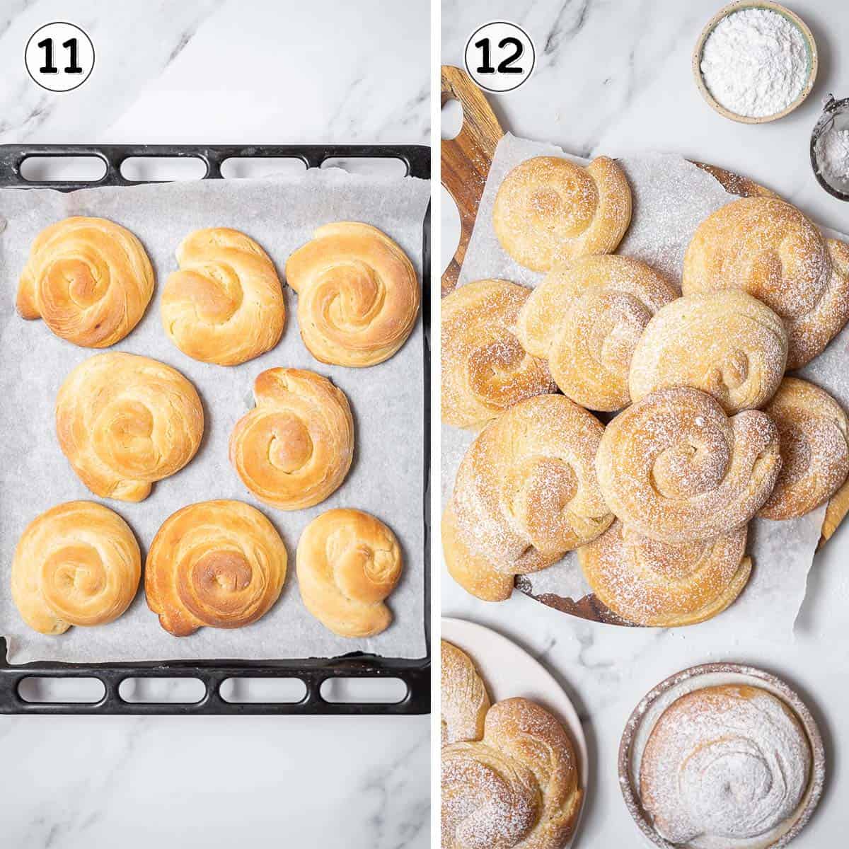 baked ensaimadas before and after sprinkling with powdered sugar.