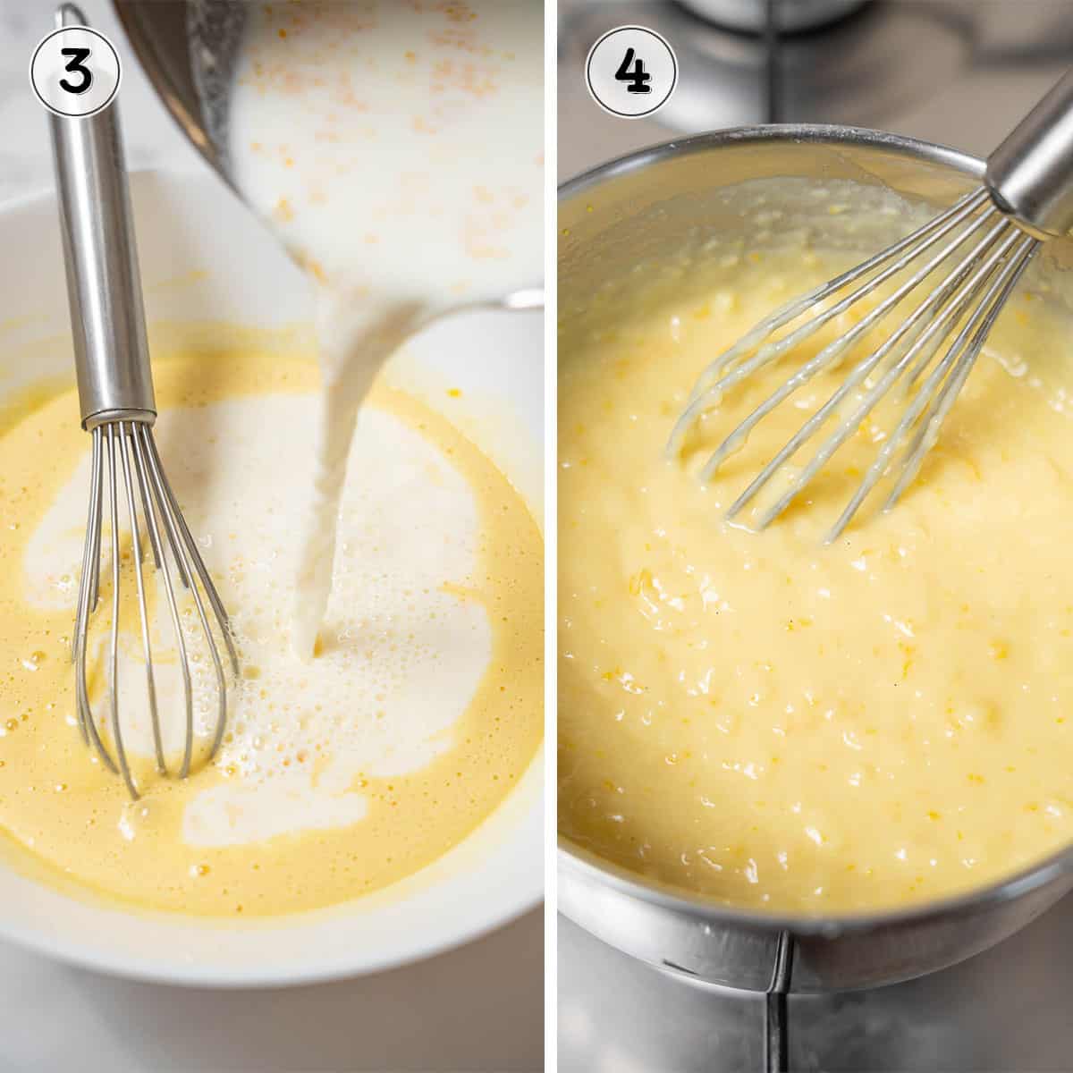adding the milk to the eggs and cooking the pastry cream.