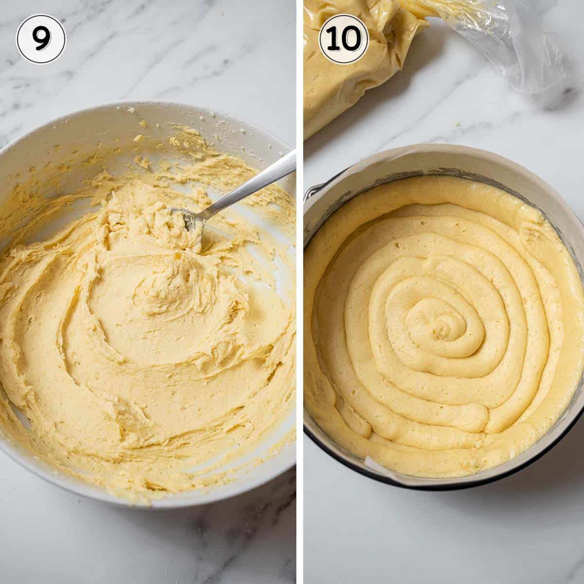 cake batter in a bowl and piped inside a round tin.
