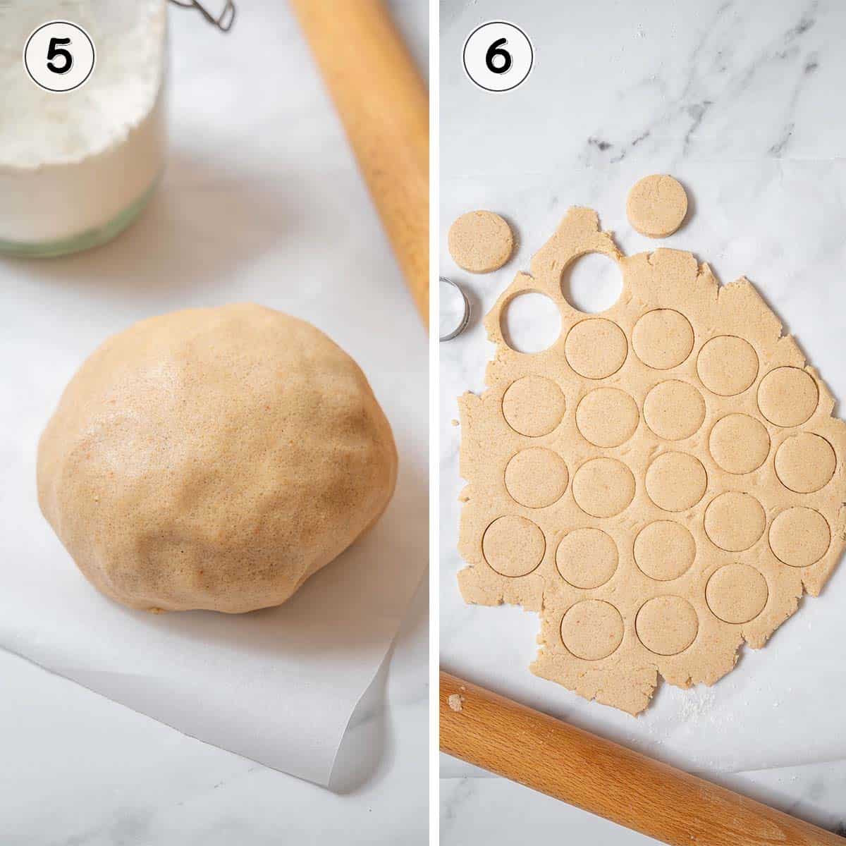 cookie dough before and after being rolled out.