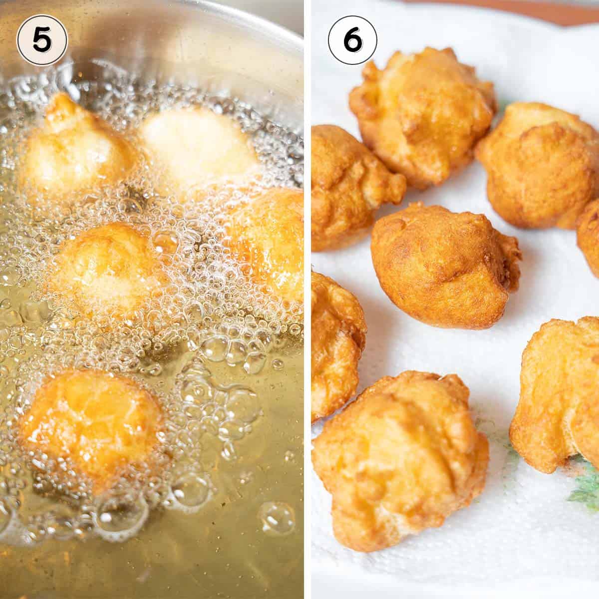 deep frying and draining the buñuelos.
