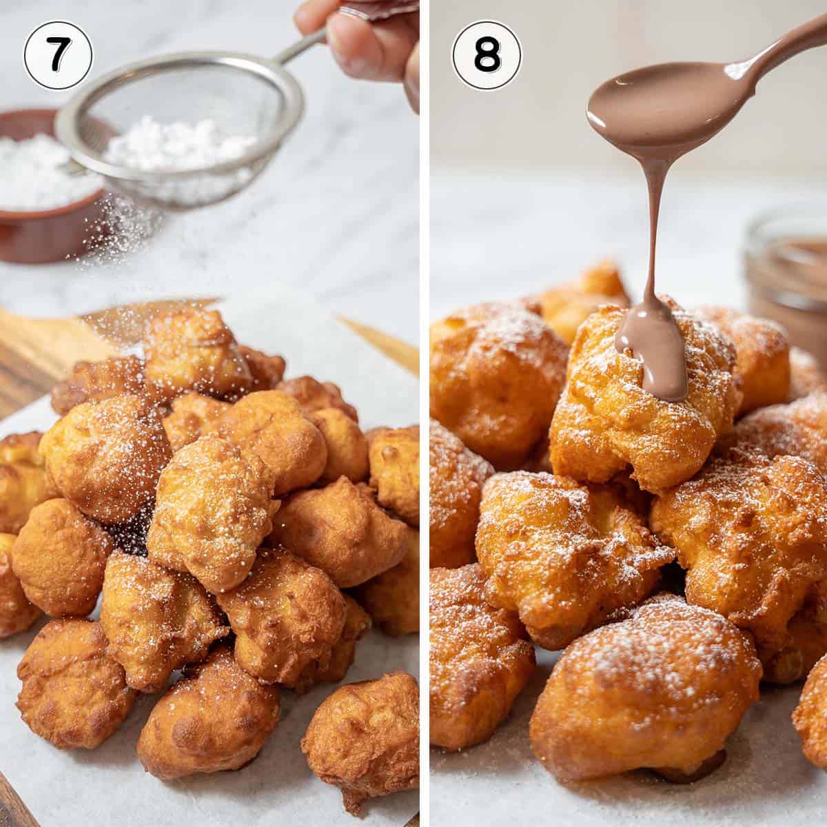 sprinkling the buñuelos with powdered sugar and drizzling with chocolate.