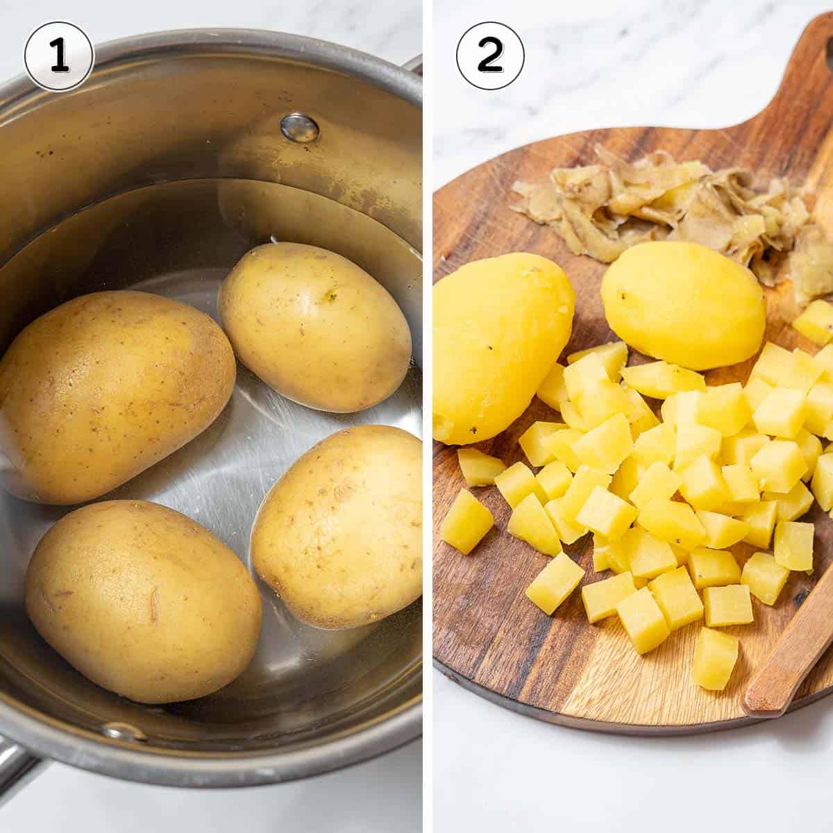 boiling, peeling, and cubing the potatoes.