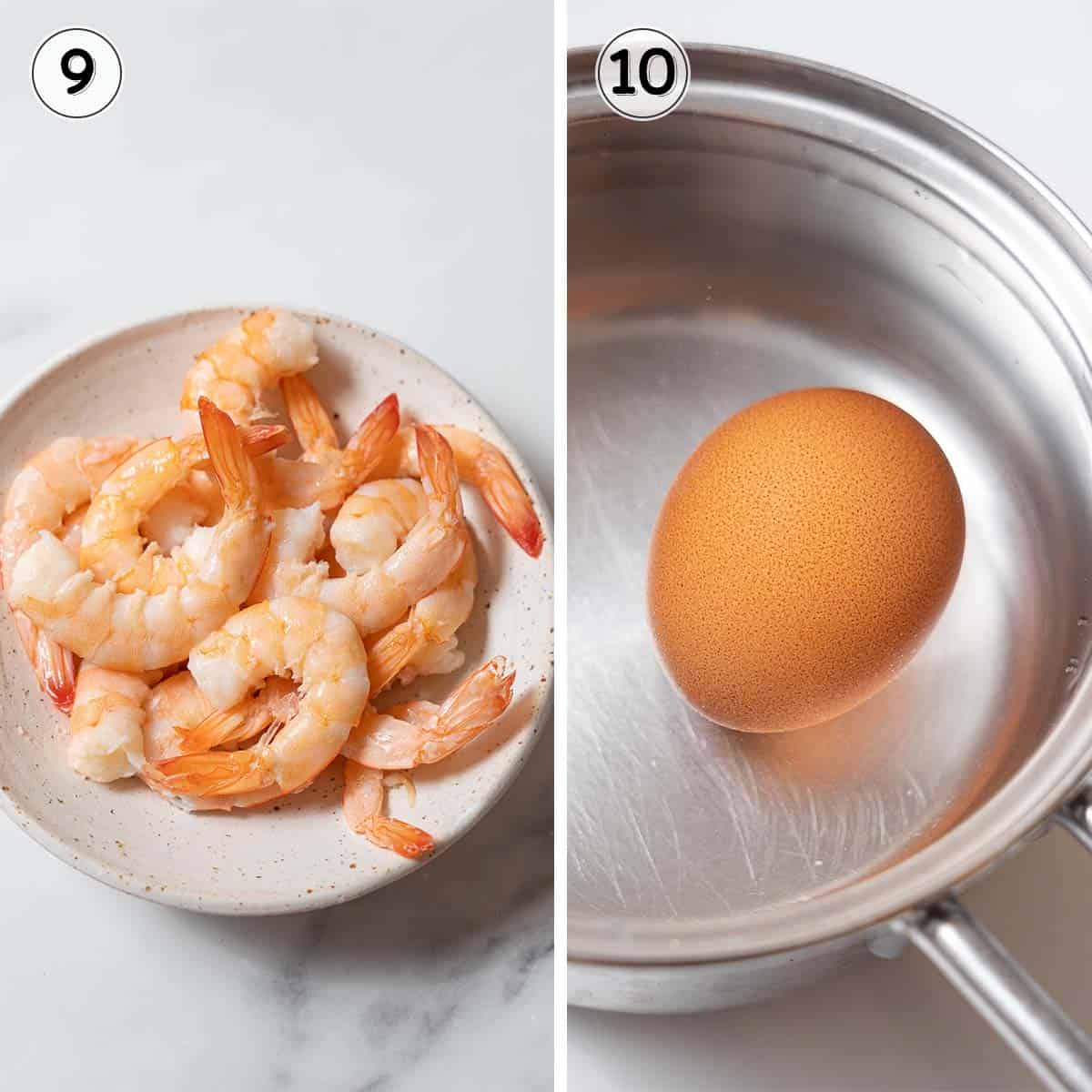 boiled shrimp and boiled egg.