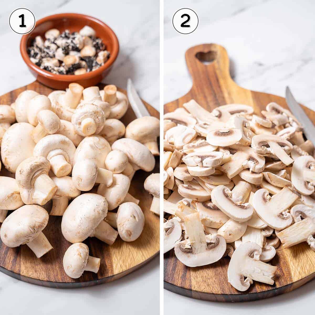 white button mushrooms before and after slicing.