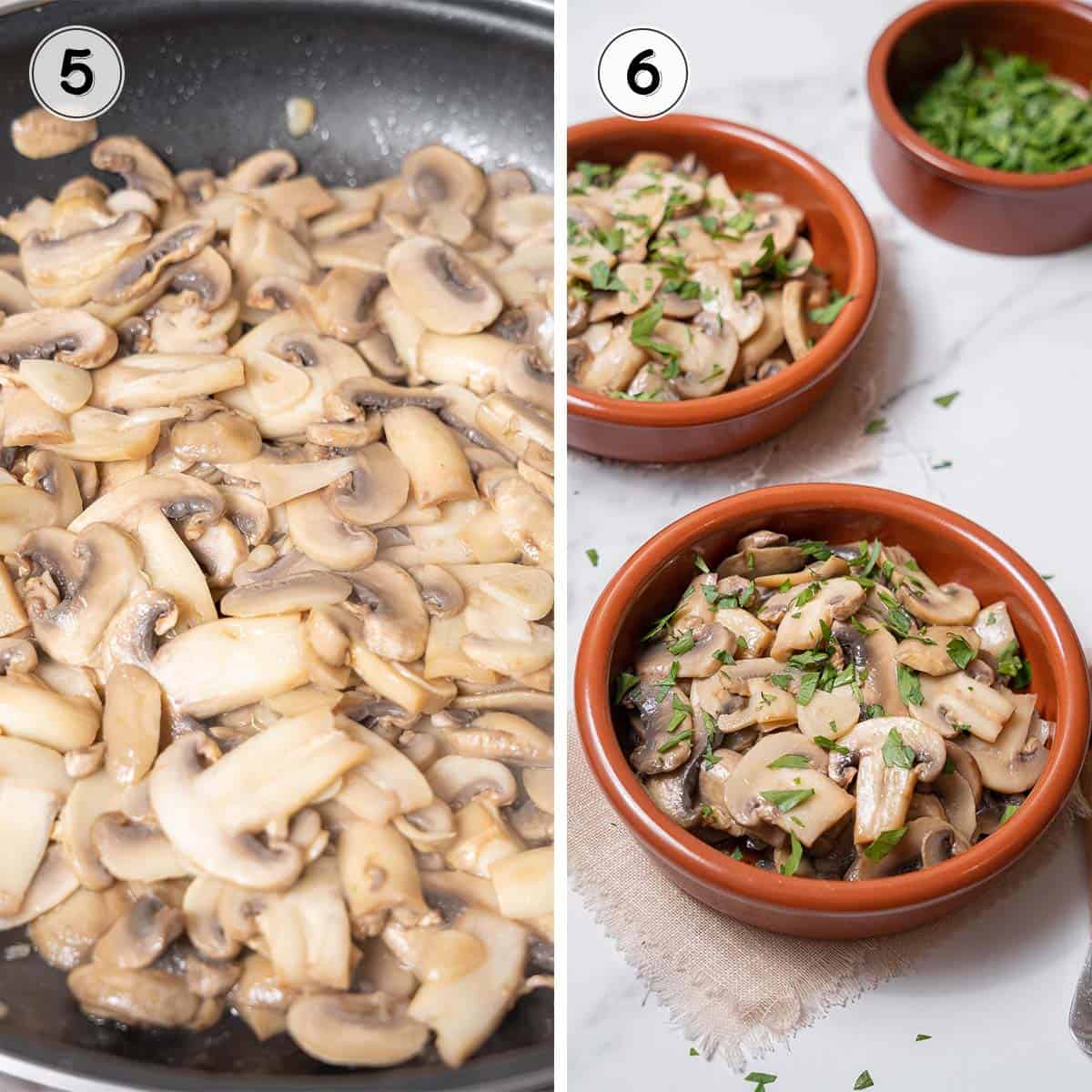 frying and serving the garlic mushrooms.