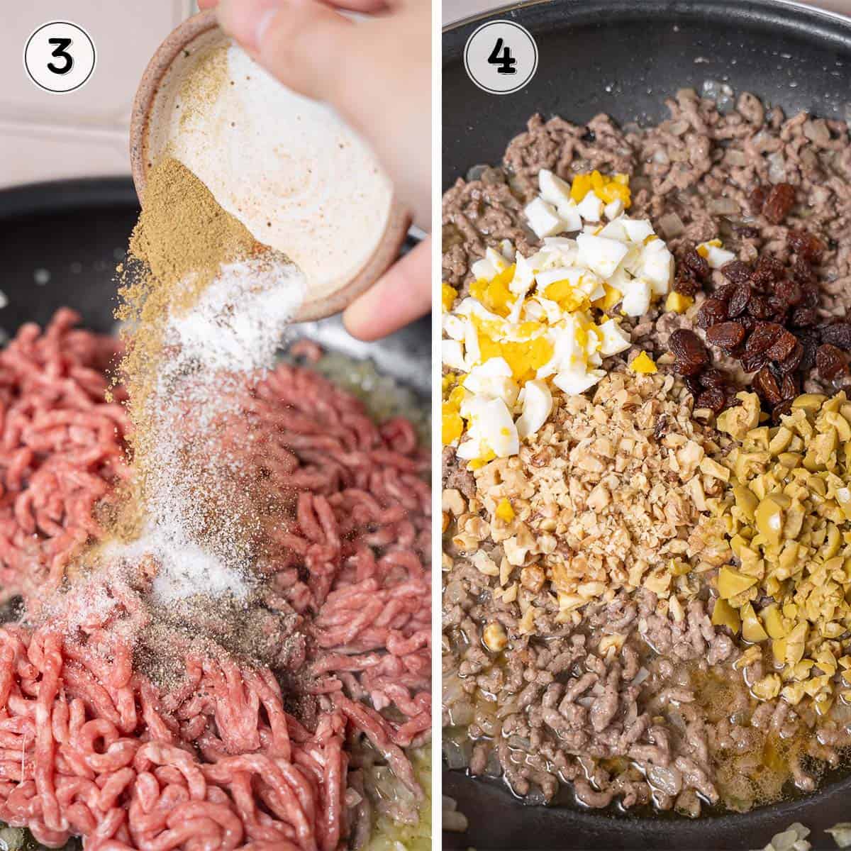 cooking the ground beef with spices and adding the other ingredients.