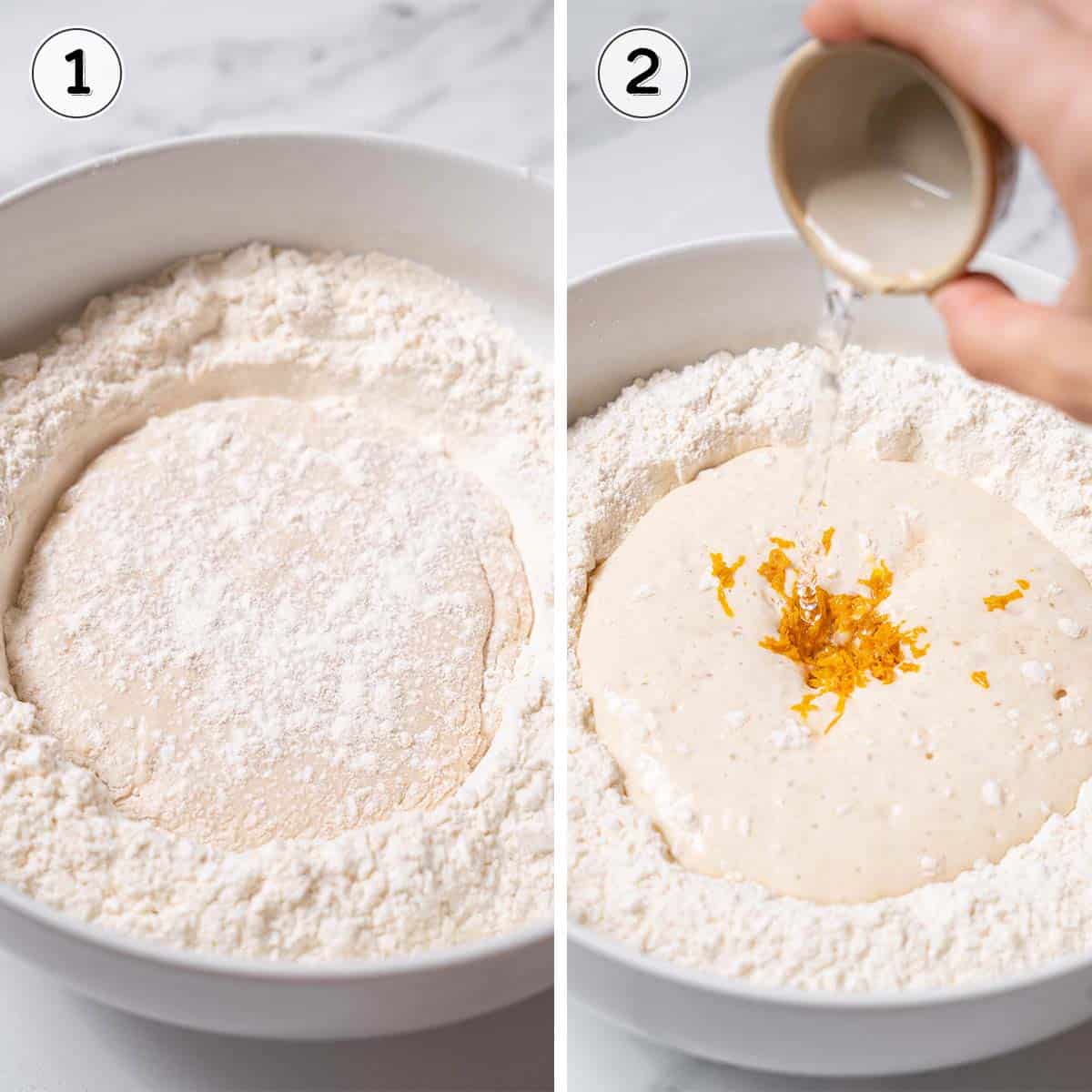pouring the wet ingredients into the bowl of flour.