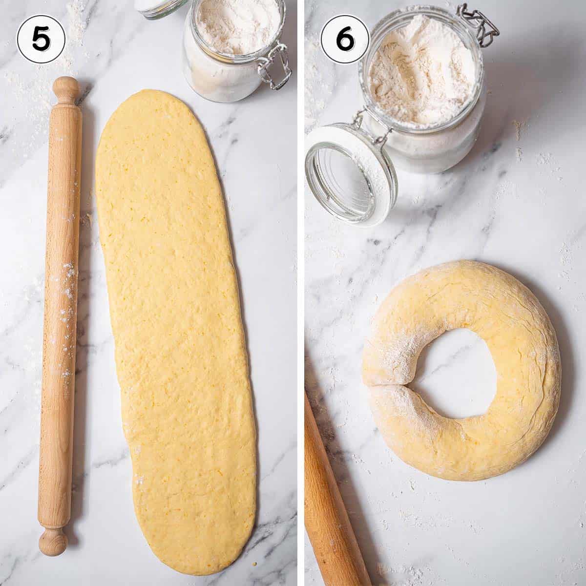 rolling out the dough and shaping it into a donut.