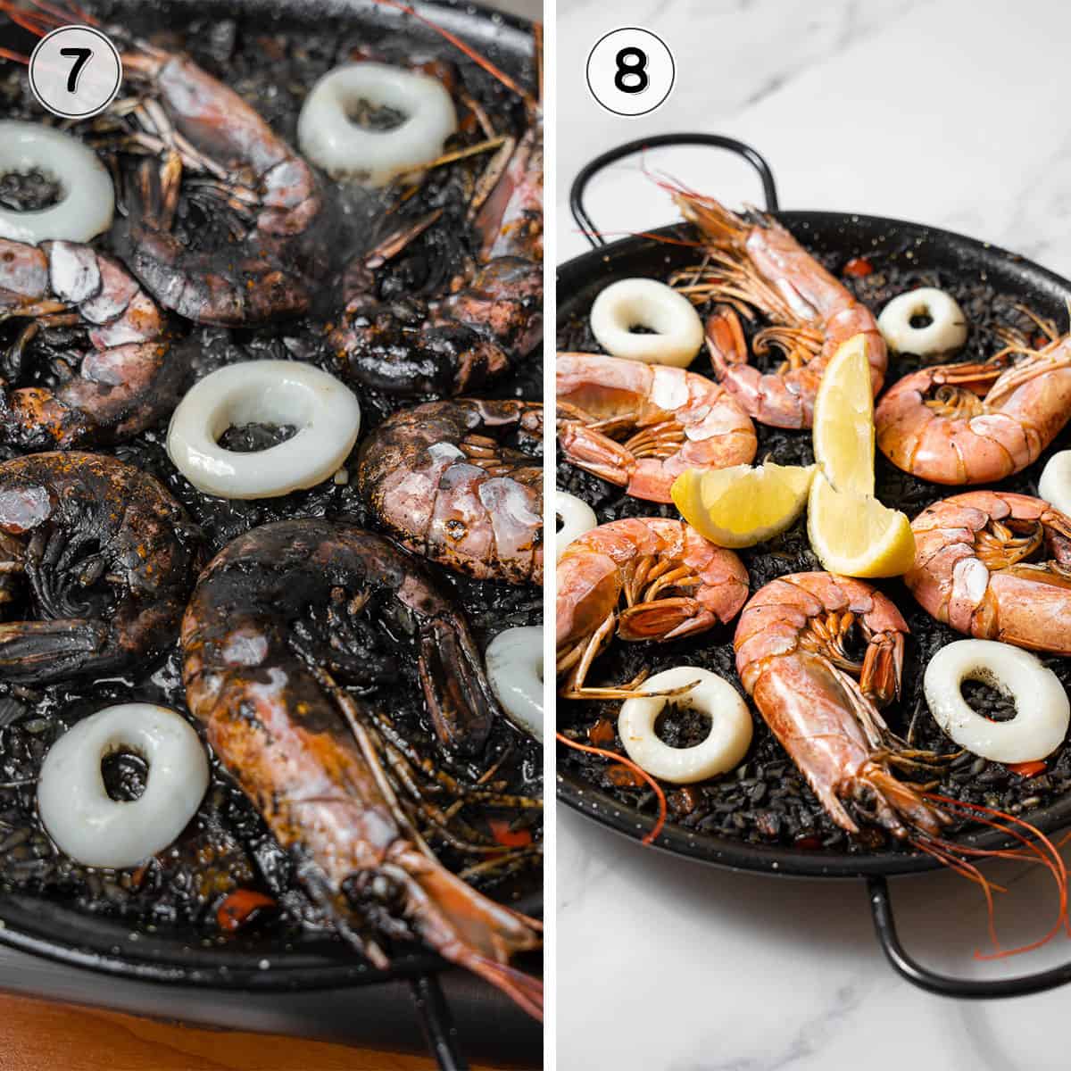 cooking the prawns and serving the paella.