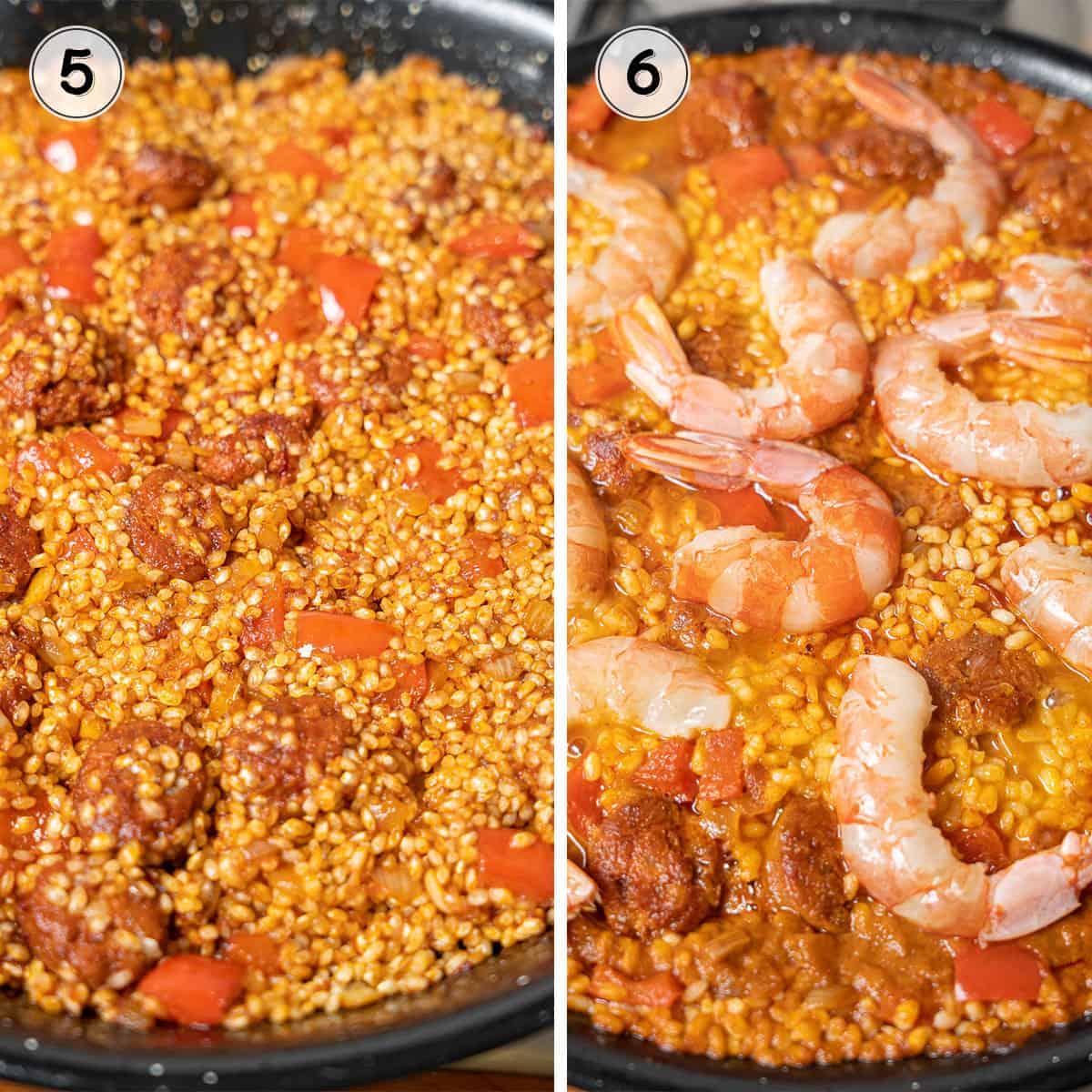 cooking the paella and adding the shrimp.